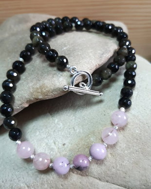 Colier CHOKER din jad Blossom Cherry roz, obsidian fațetat și oțel inoxidabil argintiu