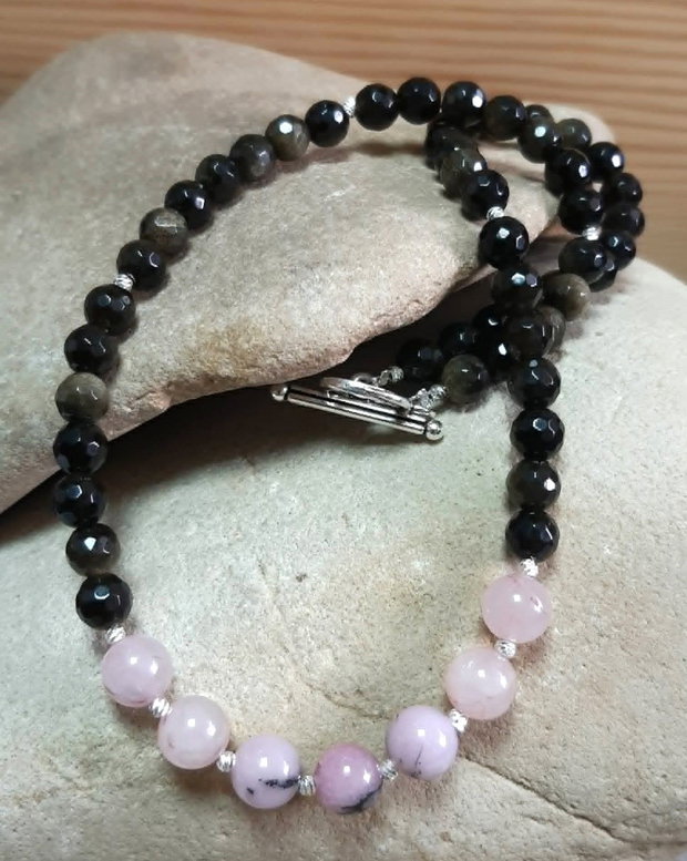 Colier CHOKER din jad Blossom Cherry roz, obsidian fațetat și oțel inoxidabil argintiu