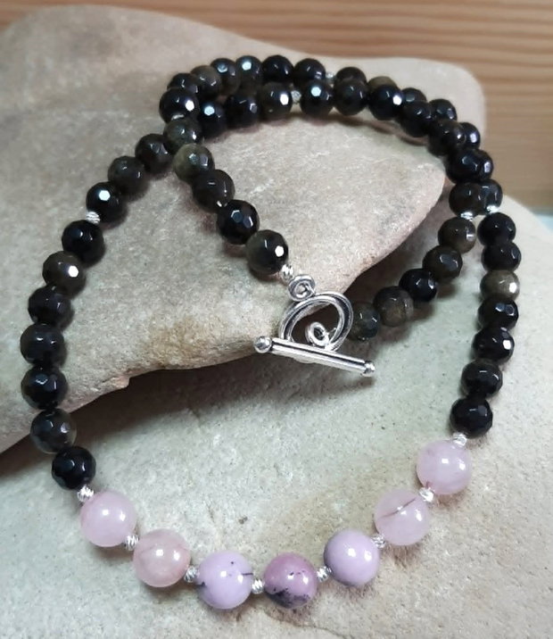 Colier CHOKER din jad Blossom Cherry roz, obsidian fațetat și oțel inoxidabil argintiu