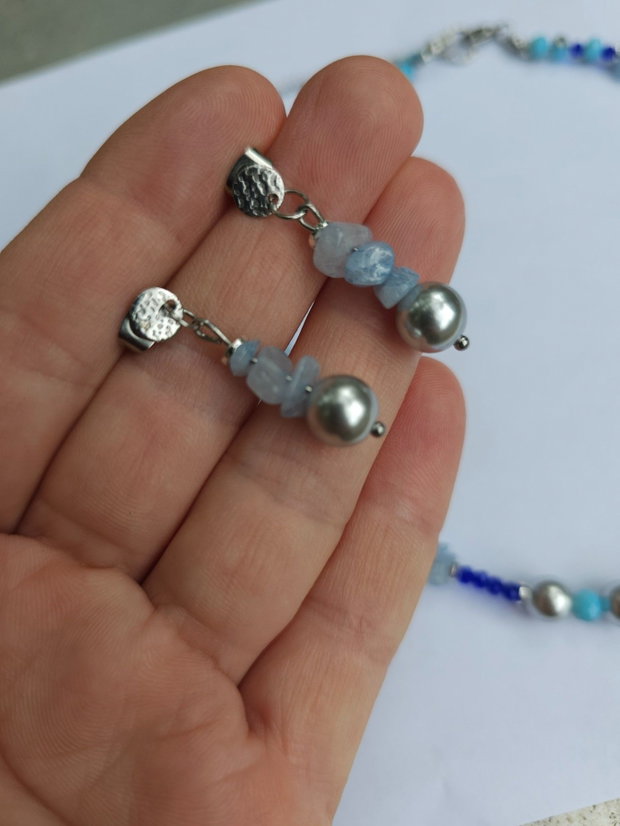 Set cercei colier aquamarine și perle