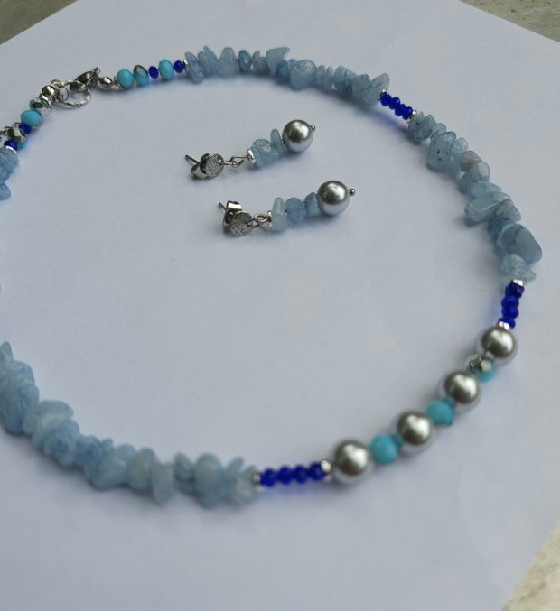 Set cercei colier aquamarine și perle