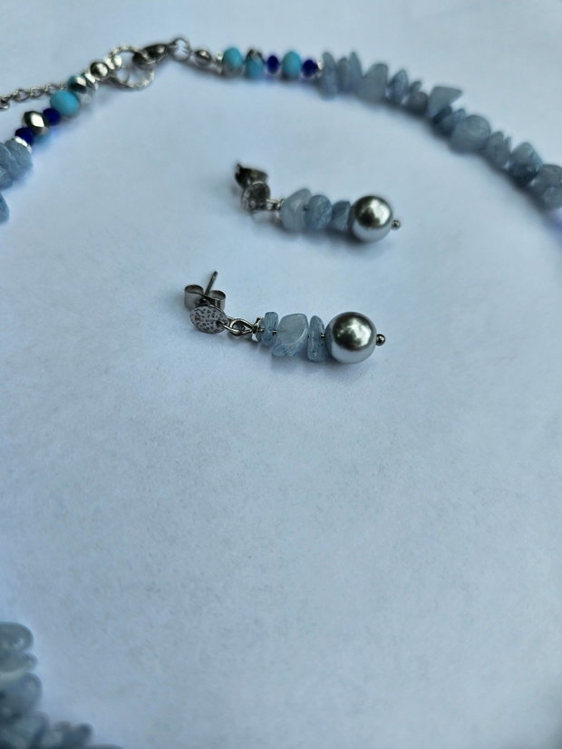 Set cercei colier aquamarine și perle