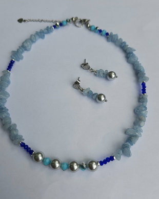 Set cercei colier aquamarine și perle