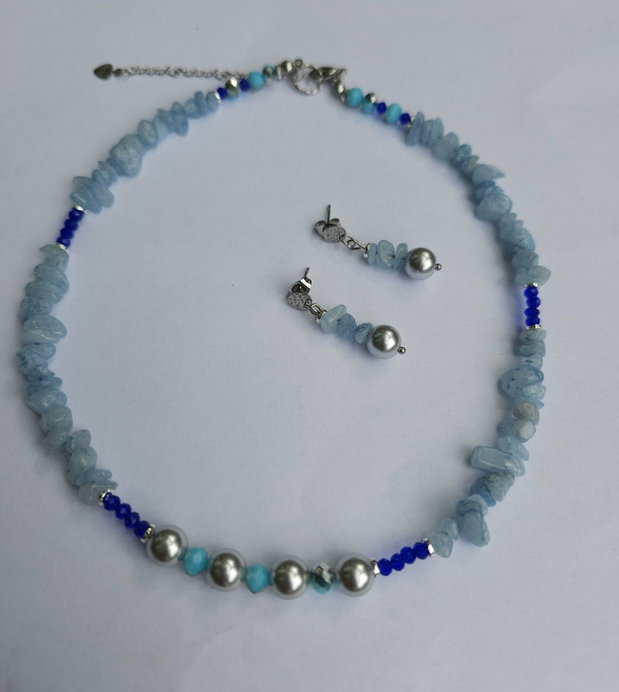 Set cercei colier aquamarine și perle