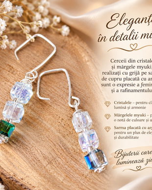 Cercei din cristale ,margele myuki si sarma de cupru placata cu argint - Eleganță în detalii mici
