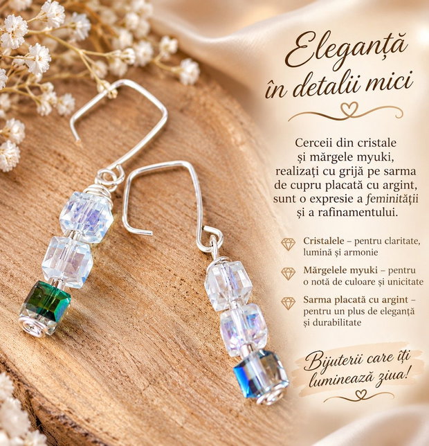 Cercei din cristale ,margele myuki si sarma de cupru placata cu argint - Eleganță în detalii mici