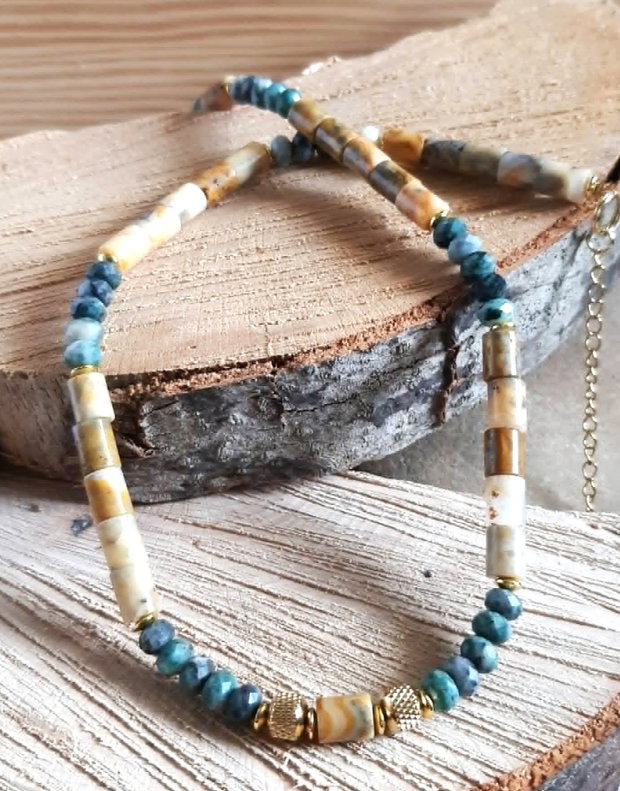Colier CHOKER din atacamit fațetat si agat Crazy Lace tubular