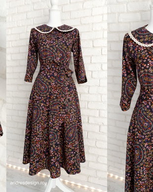 Rochie Camasa Neagra cu Flori si Guler Mare Rotund