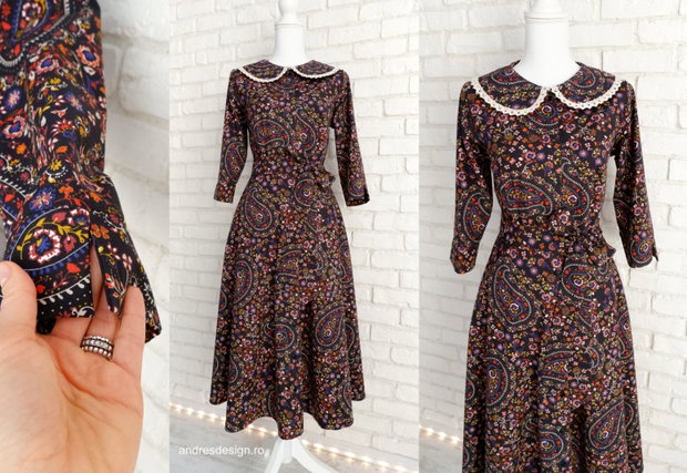 Rochie Camasa Neagra cu Flori si Guler Mare Rotund