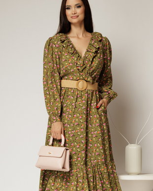 Rochie kaki din stofa cu imprimeu floral si curea in talie