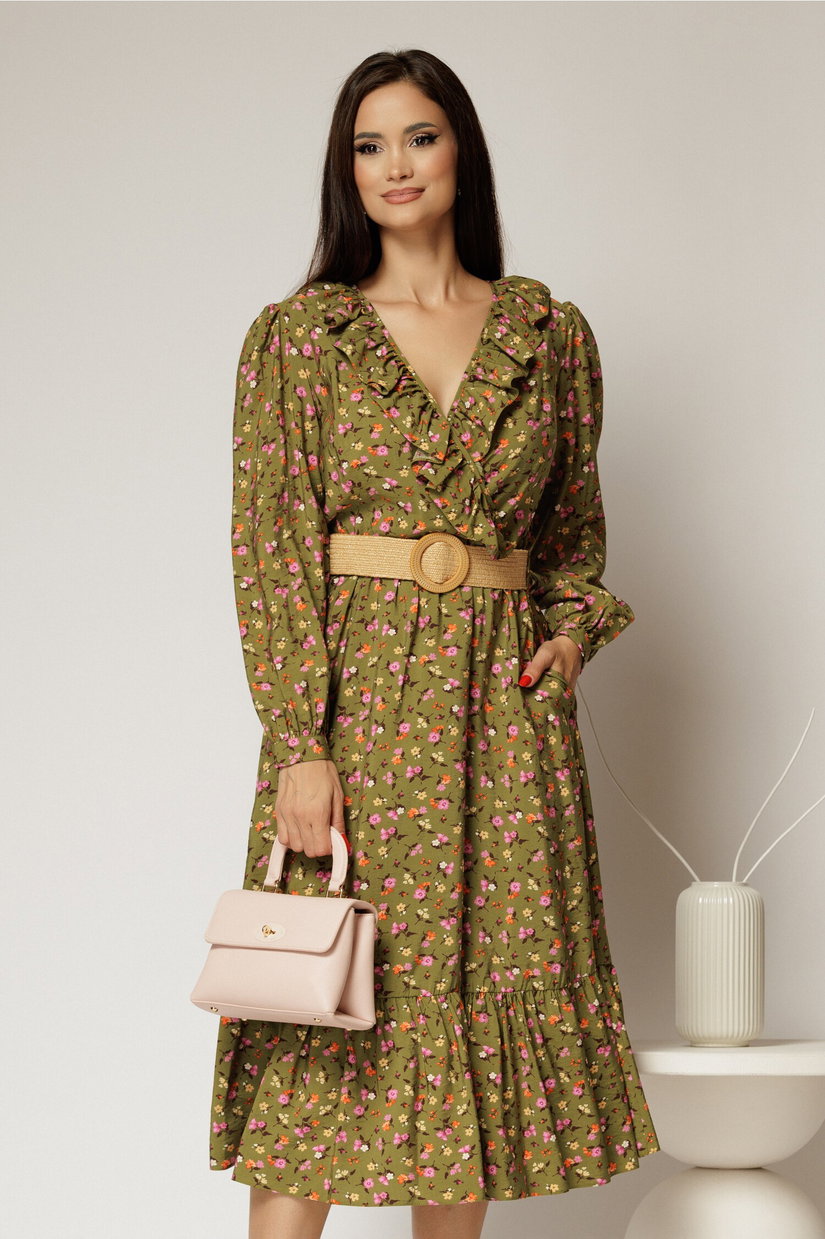 Rochie kaki din stofa cu imprimeu floral si curea in talie