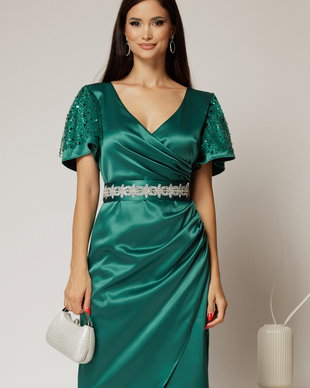 Rochie Atena verde cu maneci scurte si cordon in talie