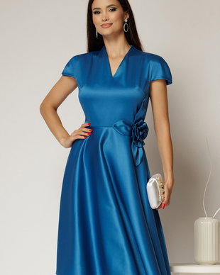 Rochie Sabrina albastru petrol din tafta cu accesoriu floral texil si decolteu in V