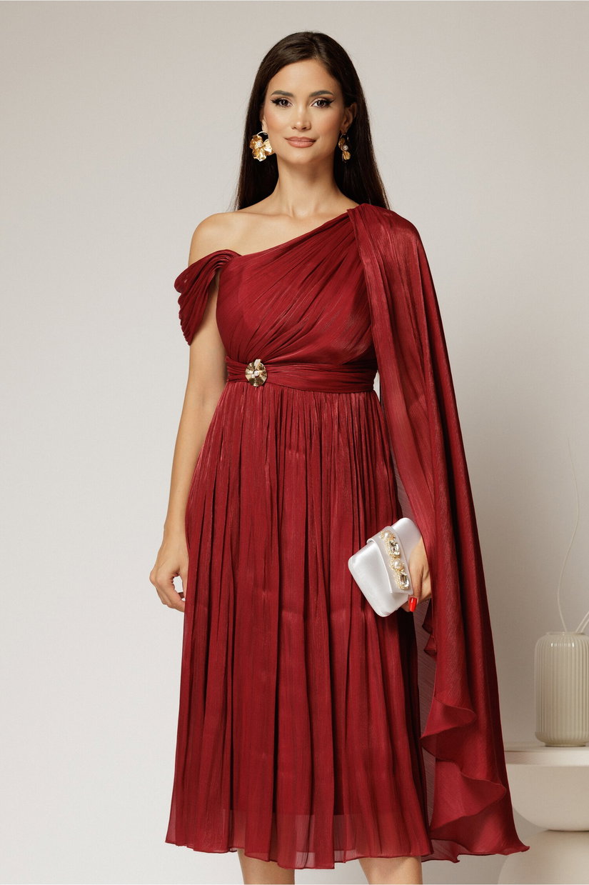 Rochie midi bordo de ocazie din voal peliculizat cu o maneca ampla si brosa pe talie