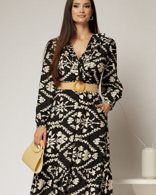 Rochie neagra din stofa cu imprimeu floral ivoar si curea in talie