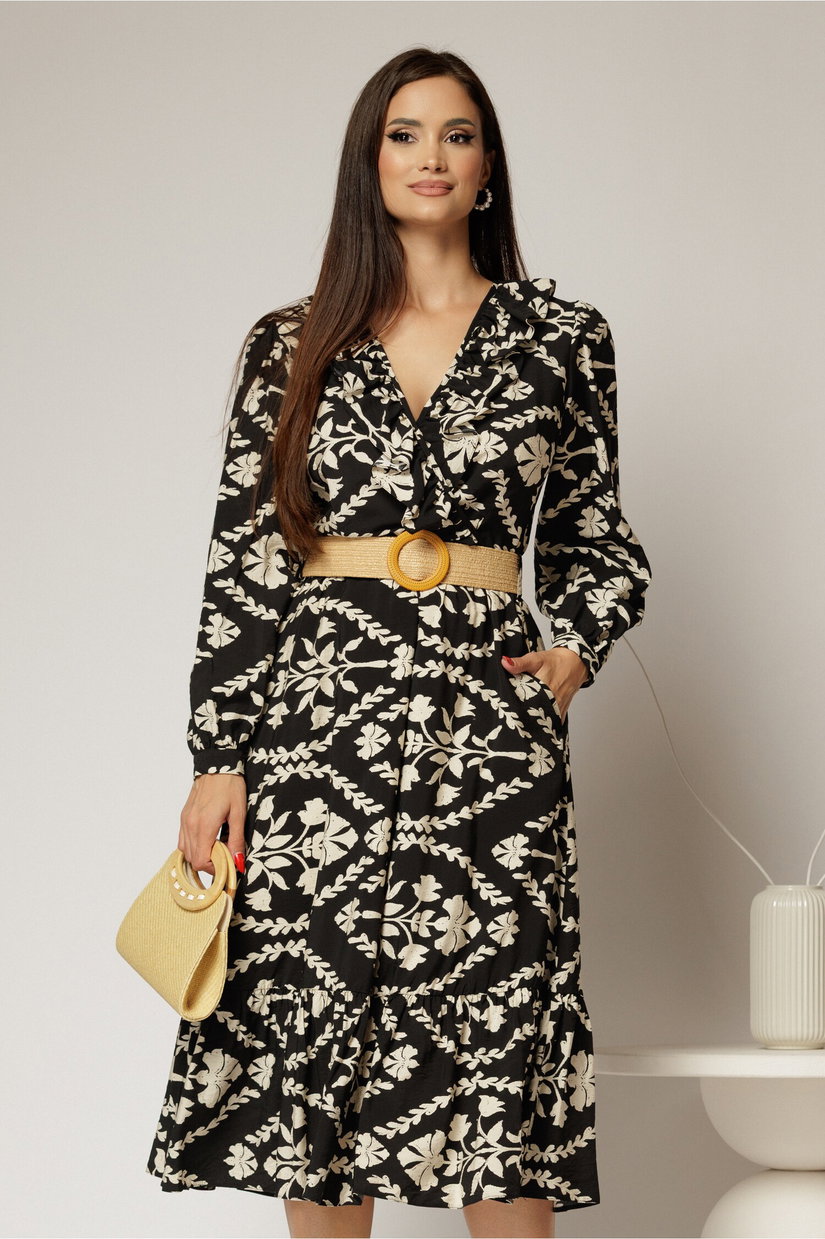 Rochie neagra din stofa cu imprimeu floral ivoar si curea in talie