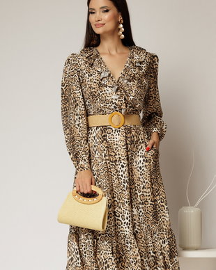 Rochie din stofa animal print cu volan si curea in talie
