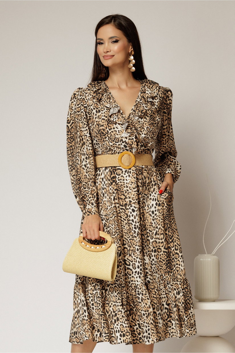 Rochie din stofa animal print cu volan si curea in talie