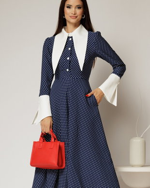 Rochie midi bleumarin cu buline mici si guler ascutit