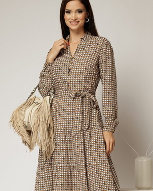 Rochie midi din viscoza maro cu imprimeu bej