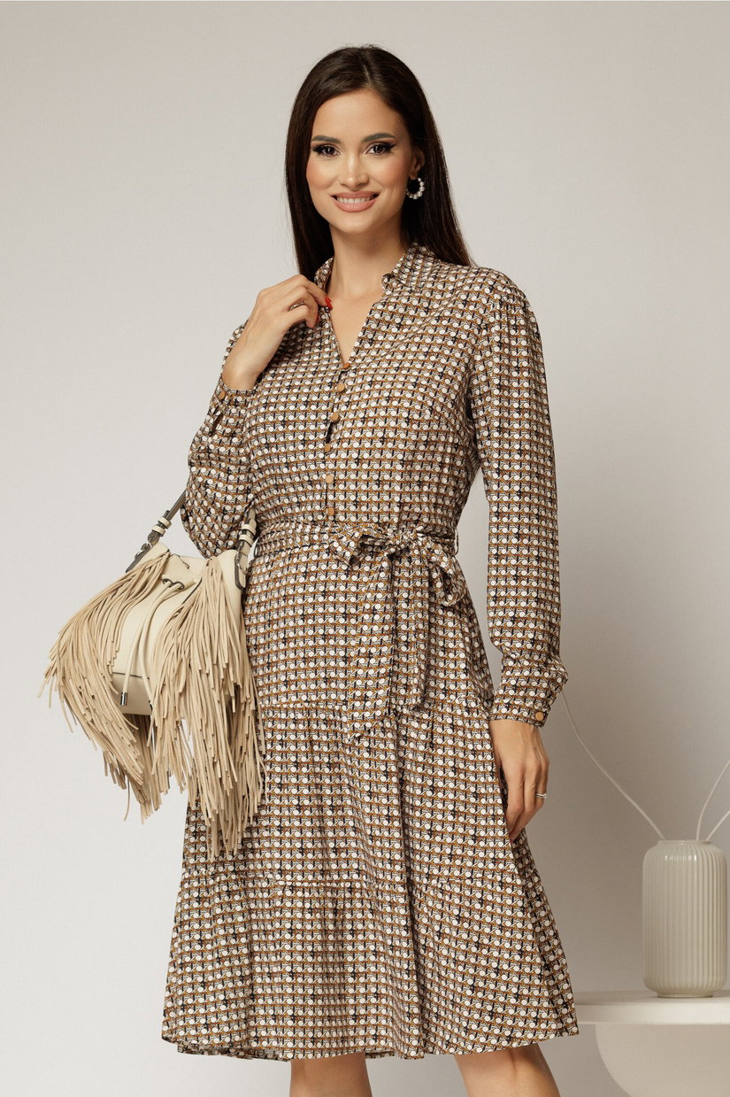 Rochie midi din viscoza maro cu imprimeu bej
