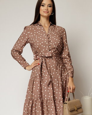 Rochie maro midi din viscoza si imprimeu cu buline