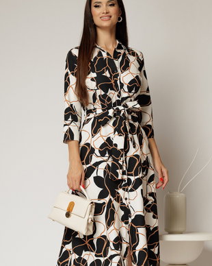 Rochie de zi midi neagra cu imprimeuri bej tip camasa cu cordon in talie