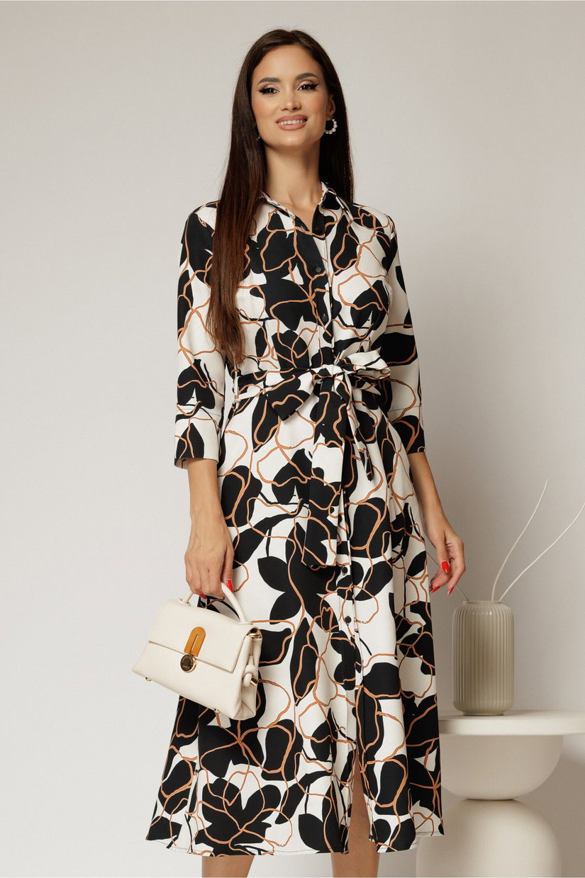 Rochie de zi midi neagra cu imprimeuri bej tip camasa cu cordon in talie