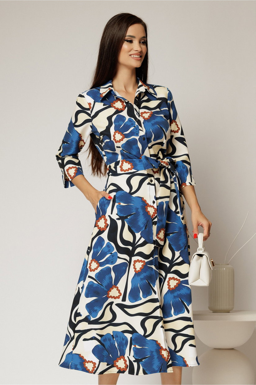 Rochie de zi midi ivoar cu imprimeuri albastre tip camasa cu cordon in talie