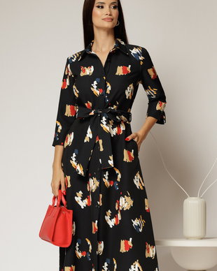 Rochie de zi midi neagra cu imprimeuri tip camasa cu cordon in talie