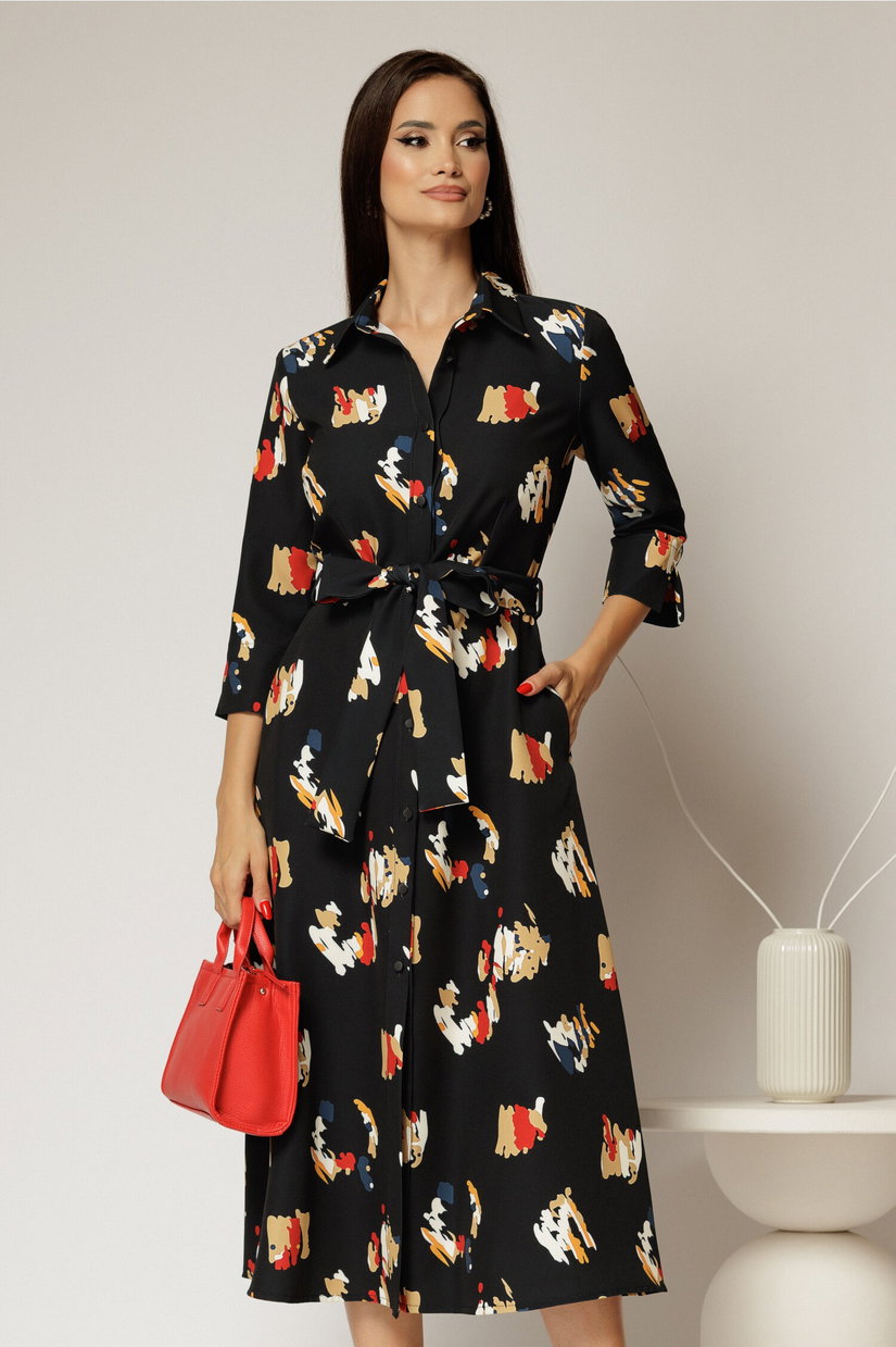 Rochie de zi midi neagra cu imprimeuri tip camasa cu cordon in talie