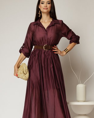 Rochie midi mov din tencel si curea maro in talie