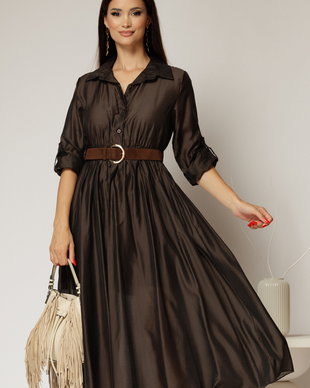 Rochie midi maro intens din tencel si curea maro in talie