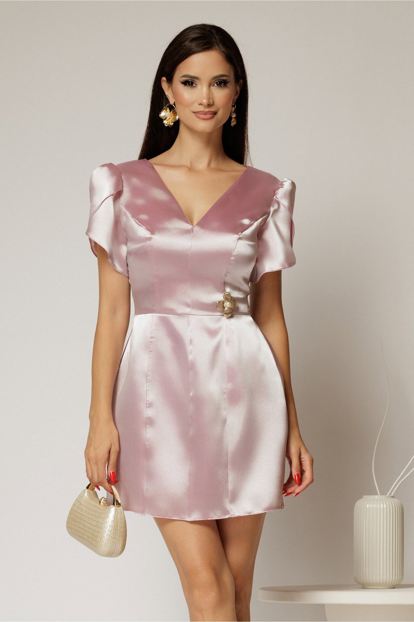 Rochie roz scurta din tafta cu accesoriu auriu in talie