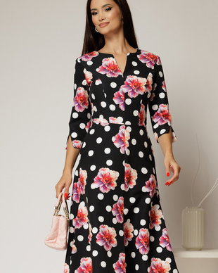 Rochie neagra cu imprimeu floral rosu si buline albe