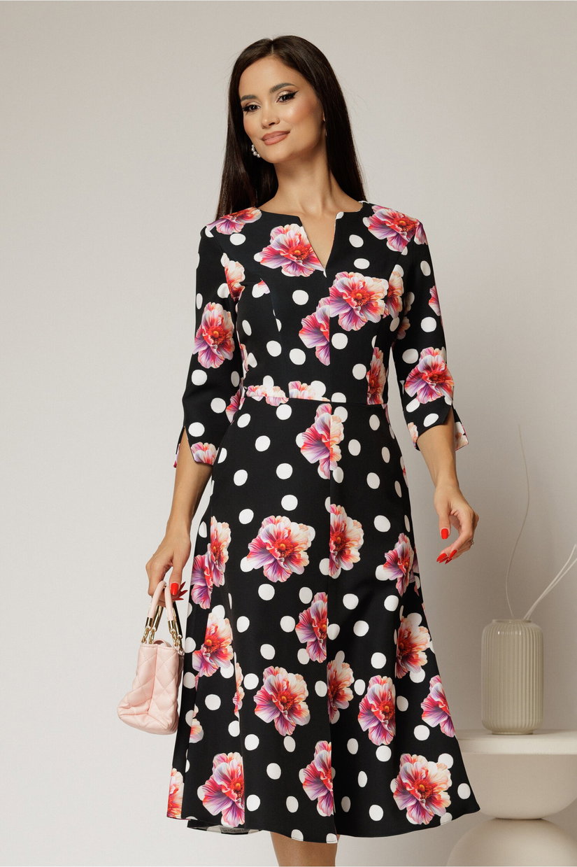 Rochie neagra cu imprimeu floral rosu si buline albe