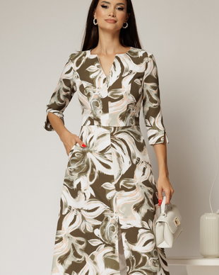 Rochie midi cu imprimeu floral in nuante de kaki si orange