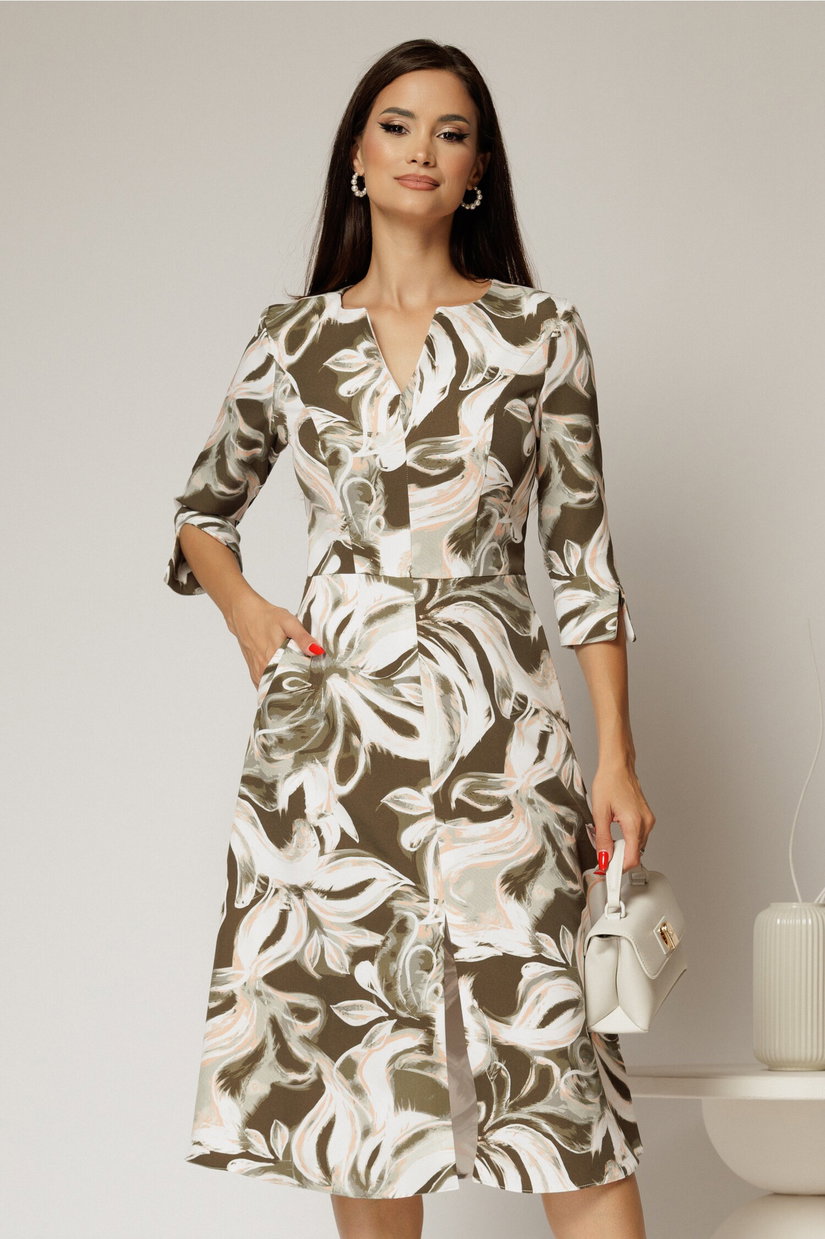 Rochie midi cu imprimeu floral in nuante de kaki si orange