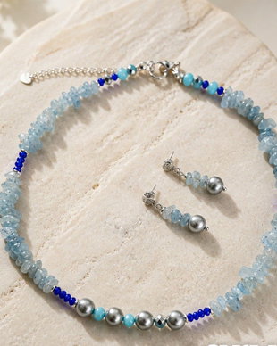 Set cercei colier aquamarine și perle