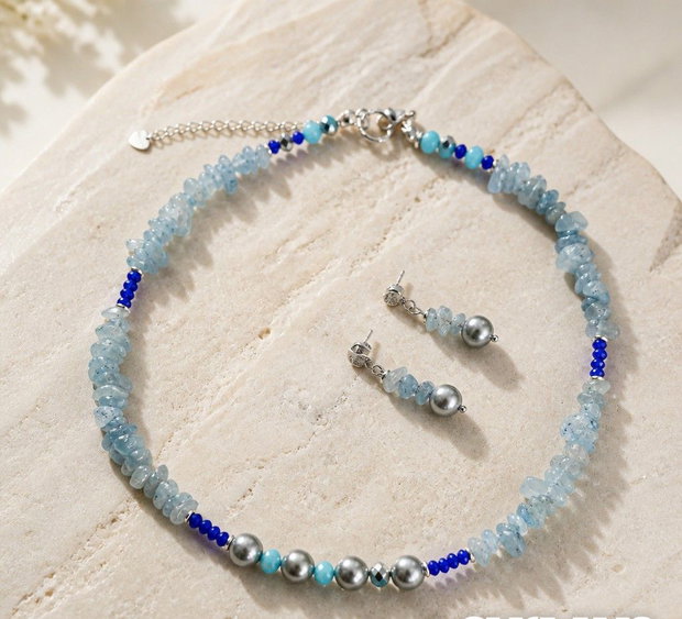 Set cercei colier aquamarine și perle