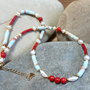 Colier CHOKER din coral roșu natural, regalit imperial, perle de cultură și inox auriu