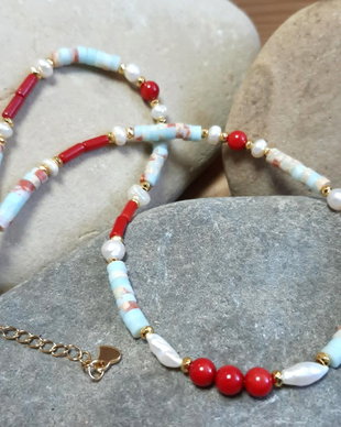 Colier CHOKER din coral roșu natural, regalit imperial, perle de cultură și inox auriu