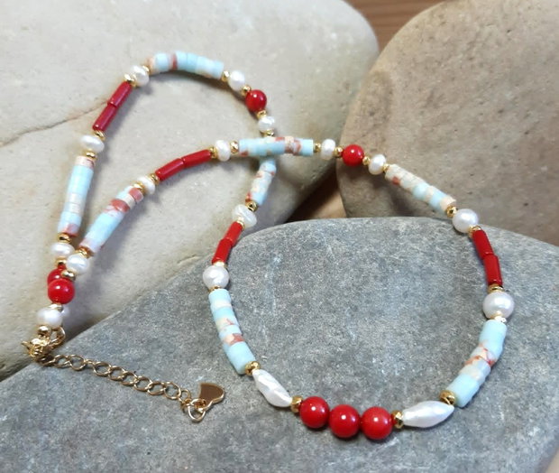 Colier CHOKER din coral roșu natural, regalit imperial, perle de cultură și inox auriu