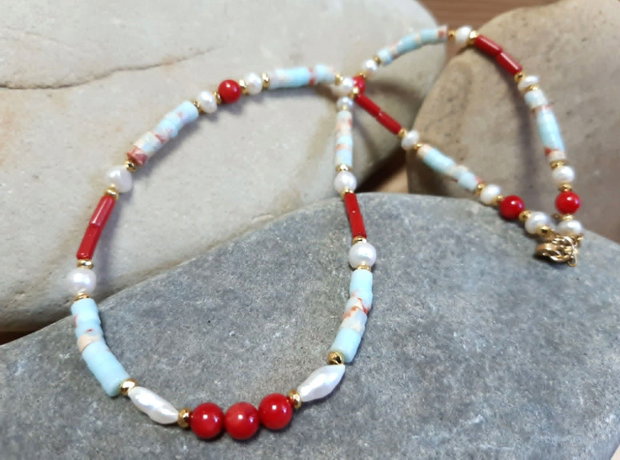 Colier CHOKER din coral roșu natural, regalit imperial, perle de cultură și inox auriu