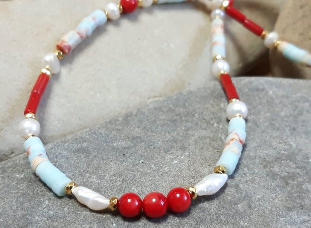 Colier CHOKER din coral roșu natural, regalit imperial, perle de cultură și inox auriu