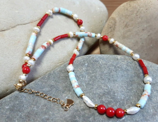 Colier CHOKER din coral roșu natural, regalit imperial, perle de cultură și inox auriu