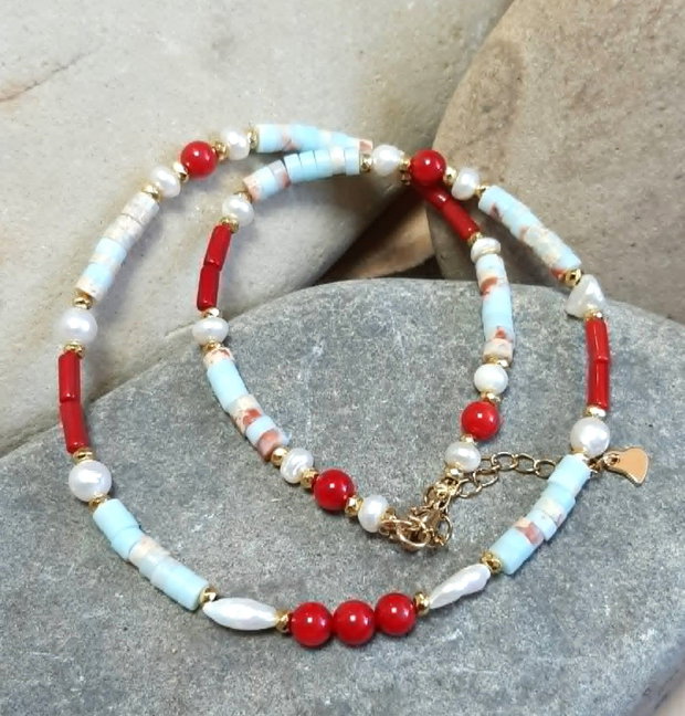 Colier CHOKER din coral roșu natural, regalit imperial, perle de cultură și inox auriu