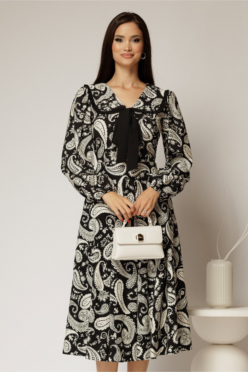 Rochie midi neagra imprimeu floral ivoire cu guler evidentiat cu volanas