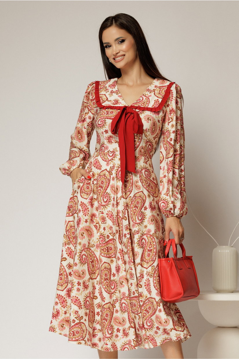 Rochie midi imprimeu floral bordo cu guler evidentiat cu volanas