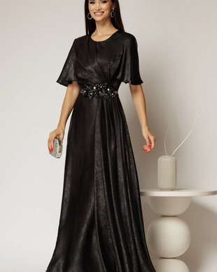 Rochie lunga neagra de seara din voal cu accesoriu in talie